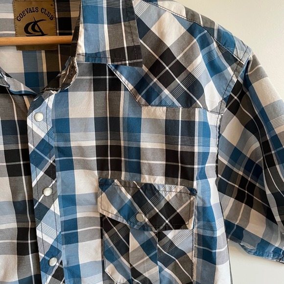 COEVLS CLUB Mens XL Plaid Western Snap Front Short Sleeve Shirt Blue Black White - Picture 2 of 9